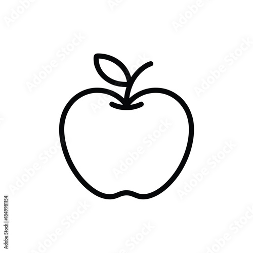 Simple black and white line drawing of an apple with a leaf