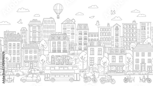 A detailed black and white line drawing depicts a bustling cityscape with a variety of buildings, vehicles, and people enjoying outdoor activities under a hot air balloon in the sky.