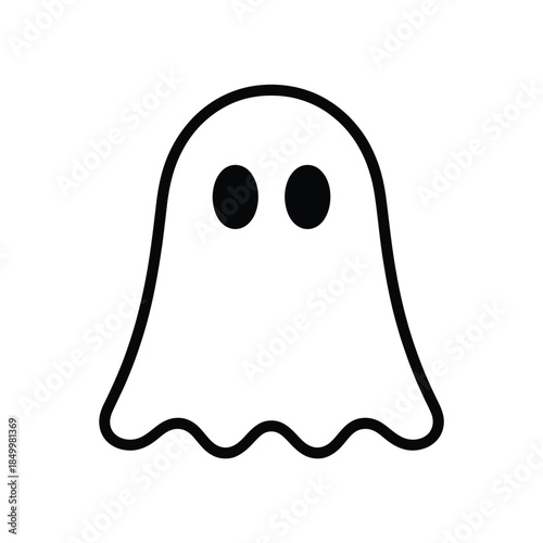 Simple black and white outline of a classic cartoon ghost character