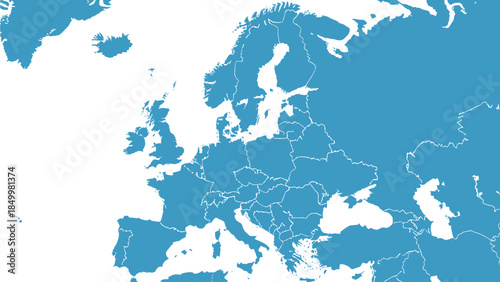 A stylized blue map of the continent of Europe, showing country borders clearly delineated on a white background.