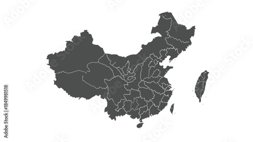 A dark grey silhouette of the map of China, with internal provincial borders clearly delineated, set against a stark white background.