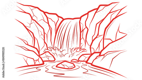 Red Outline Illustration of Waterfall Scene.