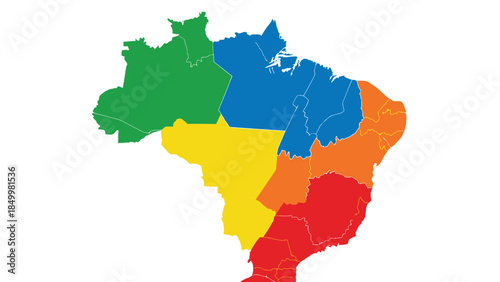 A colorful map of Brazil divided into distinct regions, each represented by a different vibrant color, on a white background.