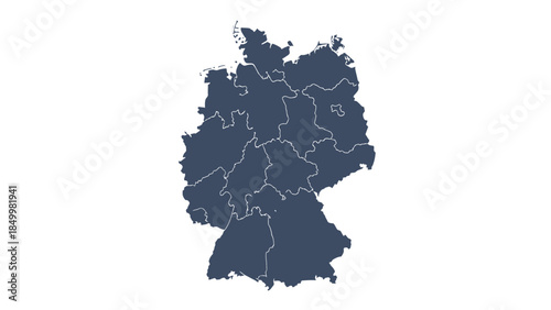 A dark blue silhouette of the country of Germany is displayed with its internal state borders clearly delineated against a stark white background, symbolizing national identity and geography.