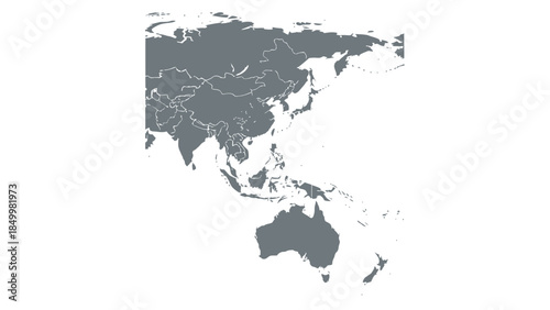 A grayscale map shows the continent of Asia and the country of Australia against a stark white background, highlighting geographical outlines and political borders.