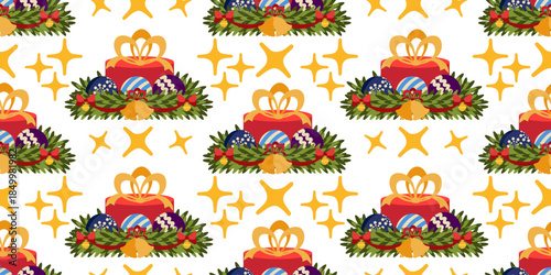 Seamless Christmas pattern with festive wreaths decorated with red bow and striped candles, surrounded by stars on white background. Perfect for winter textiles and wrapping paper