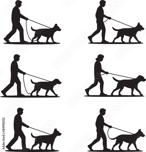 Dog Walking Silhouette Icon Set
