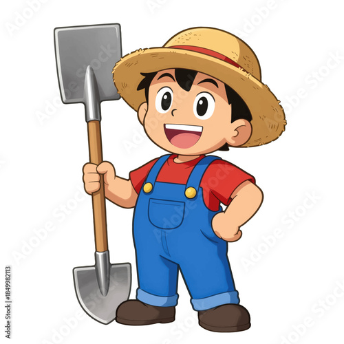 Cartoon boy in overalls holding a shovel