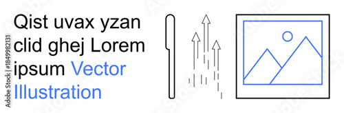 Graphic design, branding, tech concepts, modern layouts, education, content creation. Minimalist text with geometric icons including lines, arrows and a framed drawing. Graphic design and branding