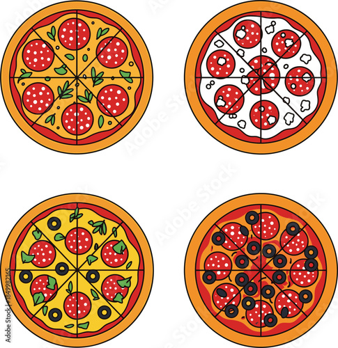 Set of delicious pepperoni pizzas with melted cheese sliced salami black olives and fresh herbs isolated on white background flat vector illustration for Italian restaurant menu