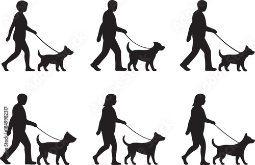 Dog Walking Silhouette Icon Set