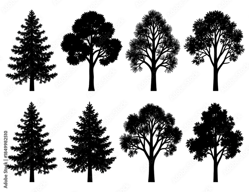 Fototapeta premium Collection of Hand-Drawn Deciduous and Coniferous Trees.