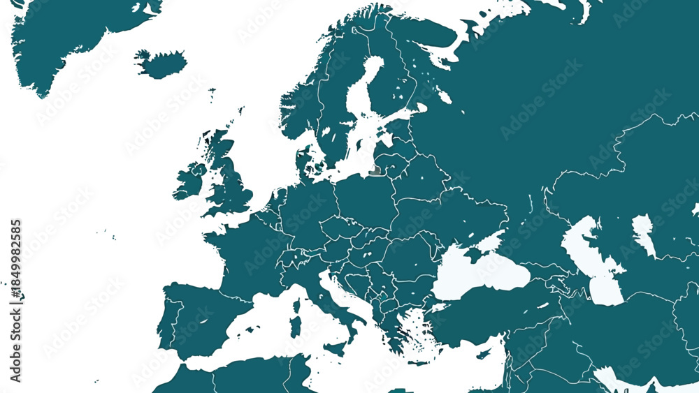 Naklejka premium A detailed map displays the continent of Europe with its distinct national borders clearly outlined against a clean white background, showcasing the geographical layout of various countries.