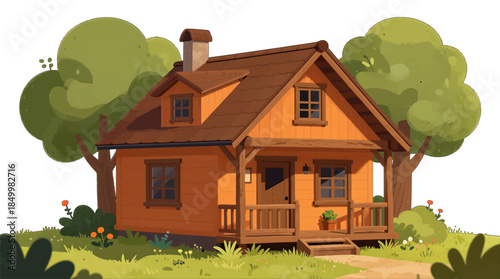 Cozy wooden cabin with porch and surrounding trees