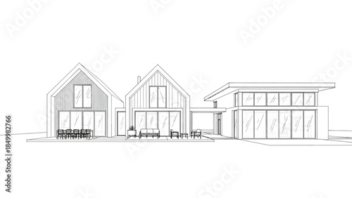 A minimalist architectural drawing showcases a modern, multi-unit residential building with clean lines and large glass facades, highlighting contemporary design principles.