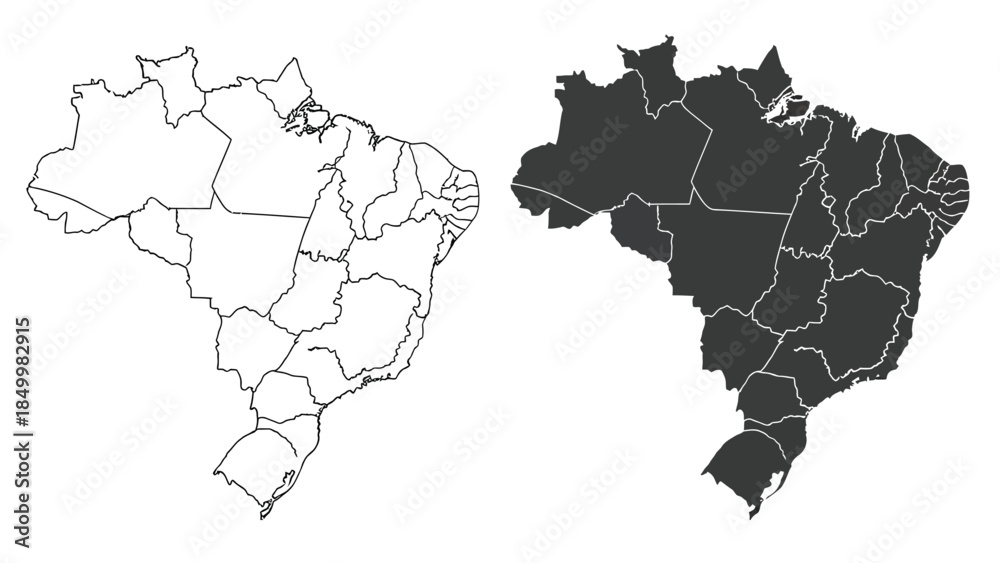 Fototapeta premium Two outline maps of Brazil, one in white and the other filled in dark gray, illustrating the country's political divisions.