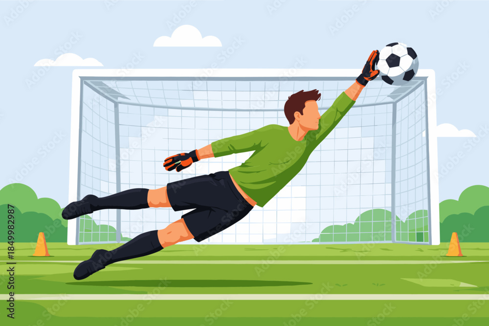 Fototapeta premium Goalkeeper dive in action: dynamic soccer save on the field with goalpost background
