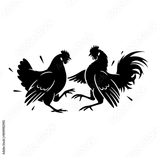 Two striking black silhouettes of roosters in a dynamic and spirited confrontation