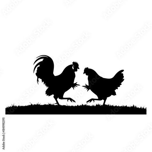 Black silhouette of a rooster and hen standing on grass, representing farm life