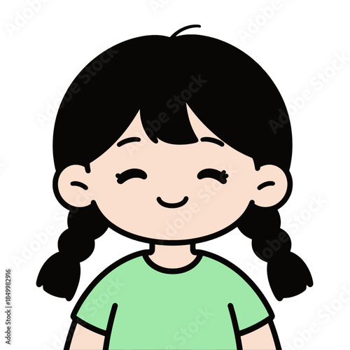 Cute cartoon girl with closed eyes smiling.