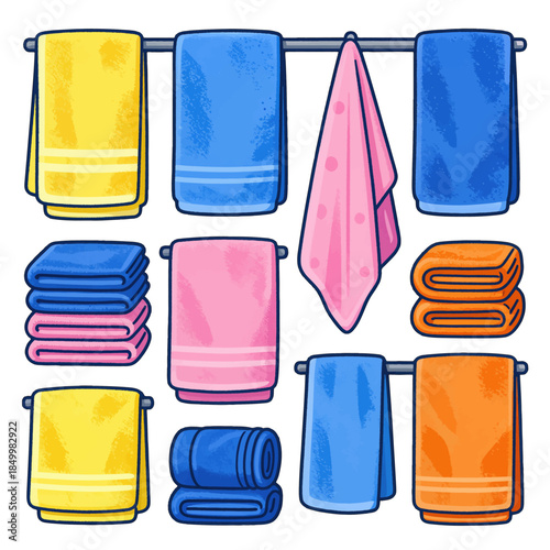 Colorful towels in folded and hanging positions