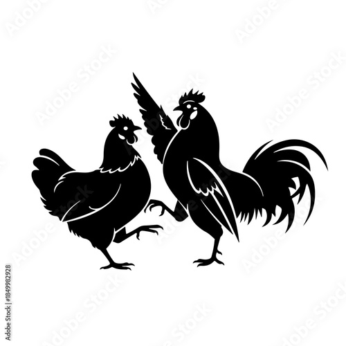 A charming and playful silhouette of a rooster and hen engaged in a delightful dance