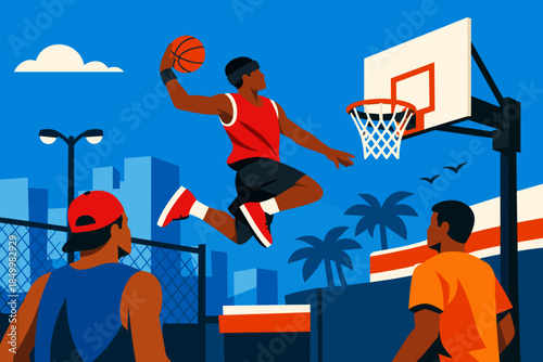 Dynamic urban basketball game in vibrant flat design