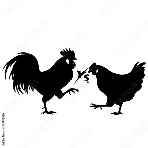 Rooster versus hen: a black silhouette illustration of a chicken confrontation