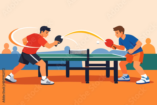 Intense table tennis match with players in action and dynamic movement