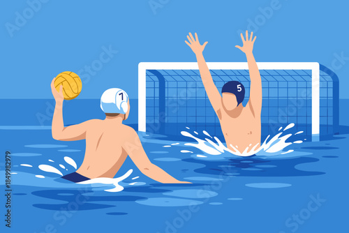 Water polo match with goalkeeper and player in dynamic action