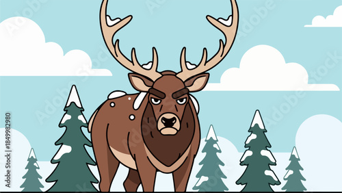 Majestic deer with large antlers standing in a snowy winter forest with evergreen trees and a blue sky