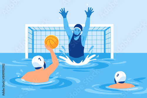 Water polo game with goalie and players in action in a swimming pool