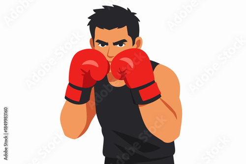 Focused boxer in fighting stance with red gloves
