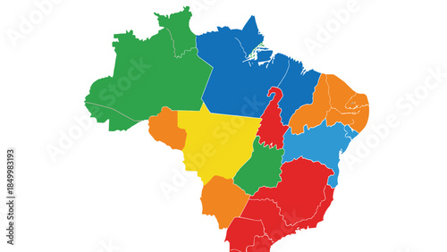 A colorful map of Brazil, divided into regions, with each region highlighted in a distinct color to represent different geographical or administrative areas.