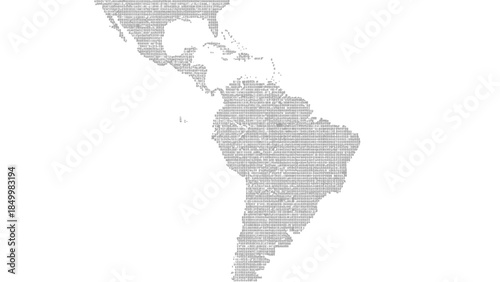 A detailed grayscale map of Latin America, composed entirely of intricate line patterns and small shapes, presented against a clean white background.