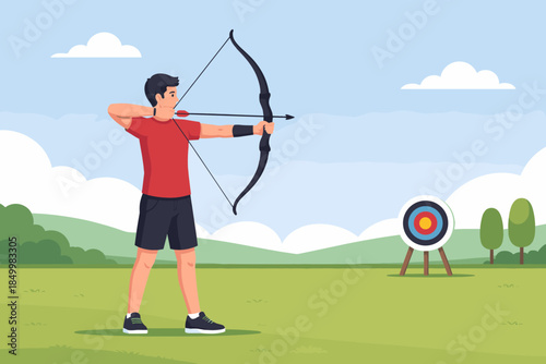 Man practicing archery in scenic outdoor field with target under blue sky