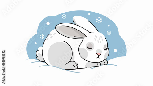 White rabbit resting in a winter landscape with snowflakes
