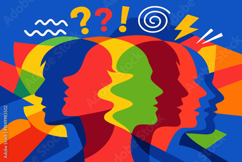 Colorful abstract silhouette of diverse faces with expression symbols