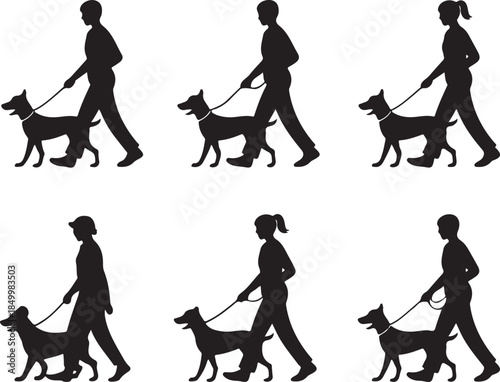 Dog Walking Silhouette Icon Set