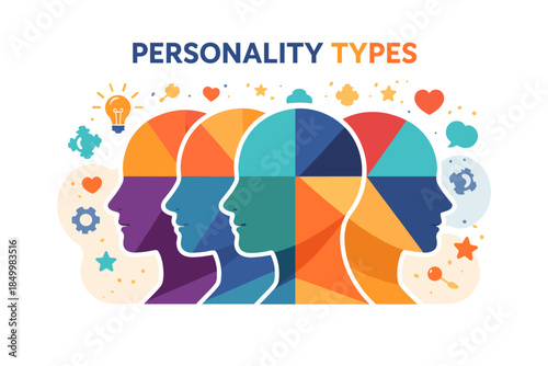 Colorful human silhouette with geometric personality types and diverse symbols