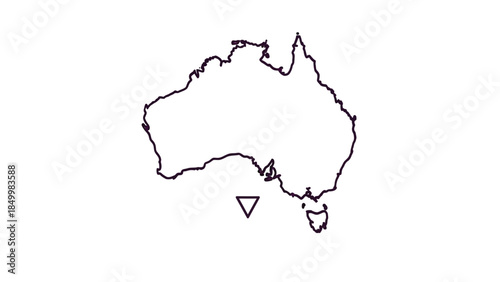 A simple white outline map of the continent of Australia with a small inverted triangle marking a location.