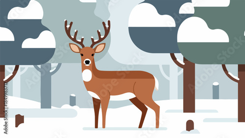 Solitary deer in a snow-covered forest with bare trees and a light blue sky