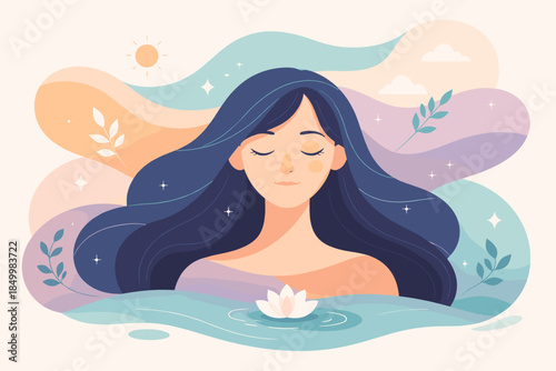 Serene woman meditating in nature with flowing hair and calm waters