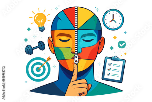 Creative mindset concept with colorful puzzle face and productivity icons