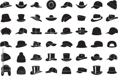 Various types of hats silhouette vector icon set big collection