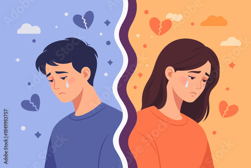 Split emotions: sad couple in a divided colorful background with broken hearts