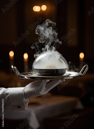 Waiter In White Gloves Serves Smoked Dish Under Glass Dome With Dry Ice Smoke On Silver Tray In Dimly Lit Restaurant