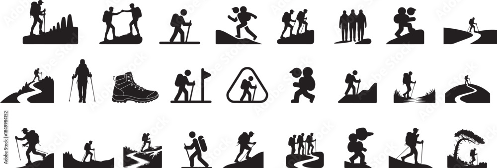 Obraz premium Hiker mountain climber with various activities black silhouette, Adventure hiking icon set collections 