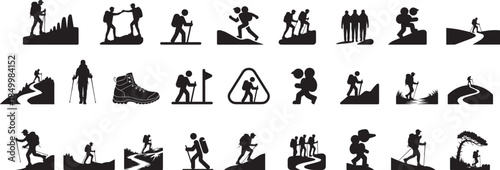 Hiker mountain climber with various activities black silhouette, Adventure hiking icon set collections 
