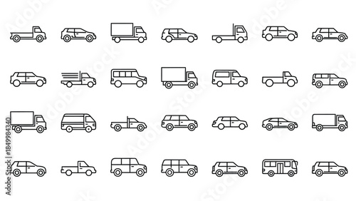 A grid of 35 simple, line-art icons representing various types of vehicles, including cars, trucks, and vans, arranged in a uniform pattern.